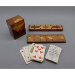 Mixed Lot: inlaid rectangular card case and two inlaid cribbage boards (3)