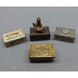 Group of four assorted base metal matchbox covers to include one decorated with design of fox