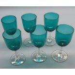 Set of six Victorian turquoise and clear glass small wines