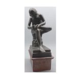 Unsigned early 20th century bronzed finish figure of seated nude, raised on wooden plinth base,