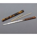 Mixed Lot comprising: Tortoiseshell cased Chopsticks and Knife, Ivory Letter Opener and further