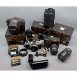 Mixed lot: Olympus (OM1N) 35mm camera with accessories to include F.18 lens, semi-hard case, Zuiko