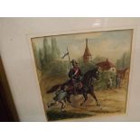 WALTER CLEMENTS, INITIALLED WATERCOLOUR, Town Scene with Soldier on Horseback, 6 x 5 1/2"