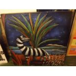 JEIS D, SIGNED OIL ON CANVAS, Zebras in Landscape, 29" x 29", unframed