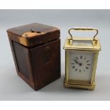 20th century French brass cased carriage clock with cylinder escapement, unsigned, together with