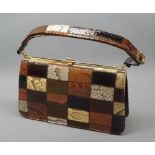 Harrods retailed snakeskin handbag, with receipt dated 1966, 10" wide