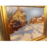 JOHN HASKINS, SIGNED LOWER RIGHT, OIL ON BOARD, "Snow in Silsoe Village", 18" x 22"