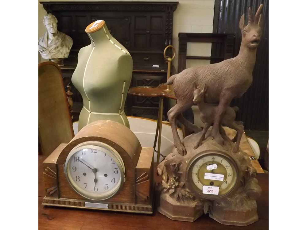 Late 19th or early 20th century Black Forest type mantel clock, the case mounted with a chamois