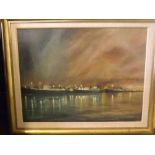 INDISTINCTLY SIGNED LOWER RIGHT, OIL ON BOARD, Harbour Scene at Night, 19" x 25" together with two