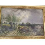 B O BOWLY, SIGNED LOWER LEFT, OIL ON BOARD, Figures in windswept landscape, 11" x 17"