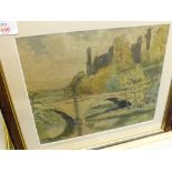 CHARLES LINDLEY, SIGNED LOWER RIGHT, WATERCOLOUR, River Landscape with Bridge and Castle beyond, 10"