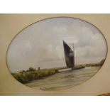 A BEDFORD, SIGNED AND DATED '65, OIL ON BOARD, Wherry on the Thurne, 12" x 17" (oval)