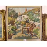 GILBERT GEE, SIGNED LOWER RIGHT, OIL ON BOARD, Street Scene with Horse and Cart, 17" x 17"