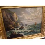 ATTRIBUTED TO SIDNEY YATES JOHNSON, OIL ON CANVAS, "High Tide on the Cornish Coast", 13" x 17"