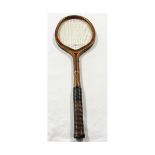 Vintage Slazenger tennis racquet, of lacquered wooden construction with hide bound handle, Three