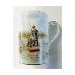 Royal Crown Derby china tankard of cylindrical form, decorated with a scene of coarse fishermen in a