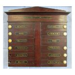 Vintage snooker score board by Palmer, 3 High Street, Boro', London, with bone-mounted sliders (