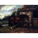 E J HEWLETT (19TH CENTURY, BRITISH) Mare and foal before a stable oil on canvas, signed and dated