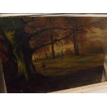 19TH CENTURY ENGLISH OIL ON CANVAS, Woman on a woodland track, 22" x 16", indistinctly signed but