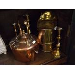 Mixed Lot: copper and brass wares to include candlesticks, small jug and a copper kettle marked "