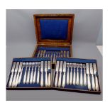 Walnut cased set of dessert knives and forks