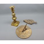 Mixed Lot: brass candlestick, brass iron trivet and brass 7 3/4" diameter sun dial (3)