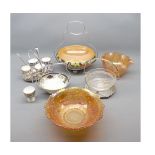 Mixed Lot: silver plated and ceramic egg cruet, carnival glass dishes, various silver plated mounted