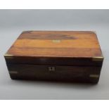 19th century rosewood and brass mounted writing box, of hinged rectangular form, 13 1/2" wide