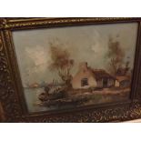 19TH CENTURY DUTCH SCHOOL, OIL ON CANVAS STUDY, Figure by riverside cottage, signed possibly Doms,