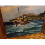 ROWLAND FISHER, OIL ON BOARD, Fishing boat leaving harbour, 9 1/2" x 8"
