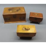 Mauchline wares, comprising rectangular tea caddy, chest style box with stile ends and a further