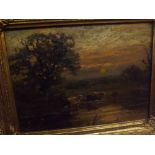 LATE 19TH CENTURY OIL ON BOARD, Cattle at riverside, 15" x 11", in heavy gilt frame