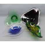 Mixed Lot: six 20th century coloured art glass bowls, of various abstract forms, largest approx 13