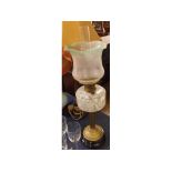 Oil lamp with clear glass chimney, frosted glass shade, marbled glass font and brass base, 28" high