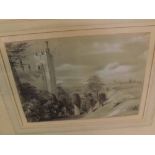 19TH CENTURY ENGLISH SCHOOL, WASH AND PENCIL DRAWING, Framlingham Castle, 7 1/2" x 10"