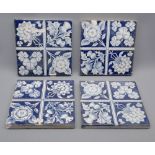 Set of four Victorian blue and white 6" square tiles, decorated with flowers of the British Isles,