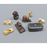Mixed lot: Various modern Netsuke, a small Victorian papier m ch snuff box and other mixed items (