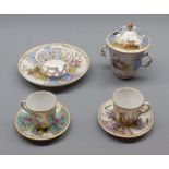 Augustus Rex covered chocolate cup and saucer, together with two further smaller coffee cups and