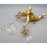 Unusual gilt cherub hanging ceiling double light fitting with glass prismatic drops