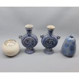 Mixed Lot: pair of Rhenish blue highlighted vases, further small Bretby vase and a globe vesta