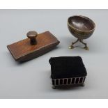 Mixed lot: comprising an oak mounted desk blotter, further pin cushion and small base metal framed