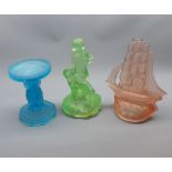 Mixed Lot: Art Deco period frosted glass wares, comprising model ship, figure of two children and