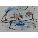 * EILEEN BELL (1907-2005, BRITISH) Boats in a harbour with cottage in background mixed media,