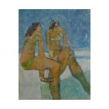 * KAY OHSTEN (1935-2003, BRITISH) "Two Women on a Beach" mixed media, signed and dated 1980 lower