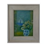 * PETER McCARTHY (20TH CENTURY, BRITISH) "Flowers with Sail Boat" oil on board, signed near lower