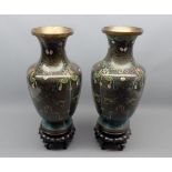 Pair of 20th century cloisonn baluster vases and accompanying stand, approx 12" high