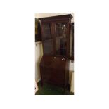 Edwardian mahogany bureau bookcase cabinet, with lead glazed top section, and three drawer base