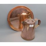 Peerage covered copper jug, and further circular copper tray (2)