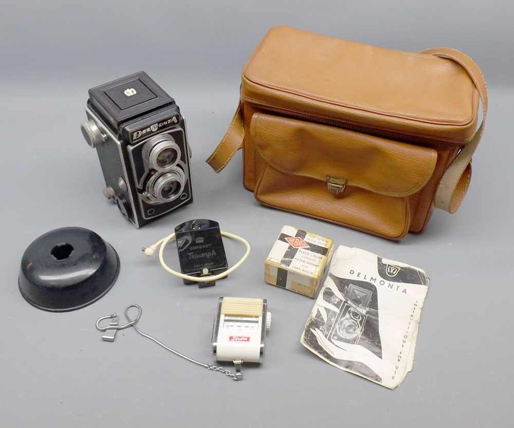 Vintage Delmonta cased camera, with instructions