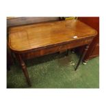 19th century mahogany D-shaped folding tea table, raised on turned legs, 36" wide